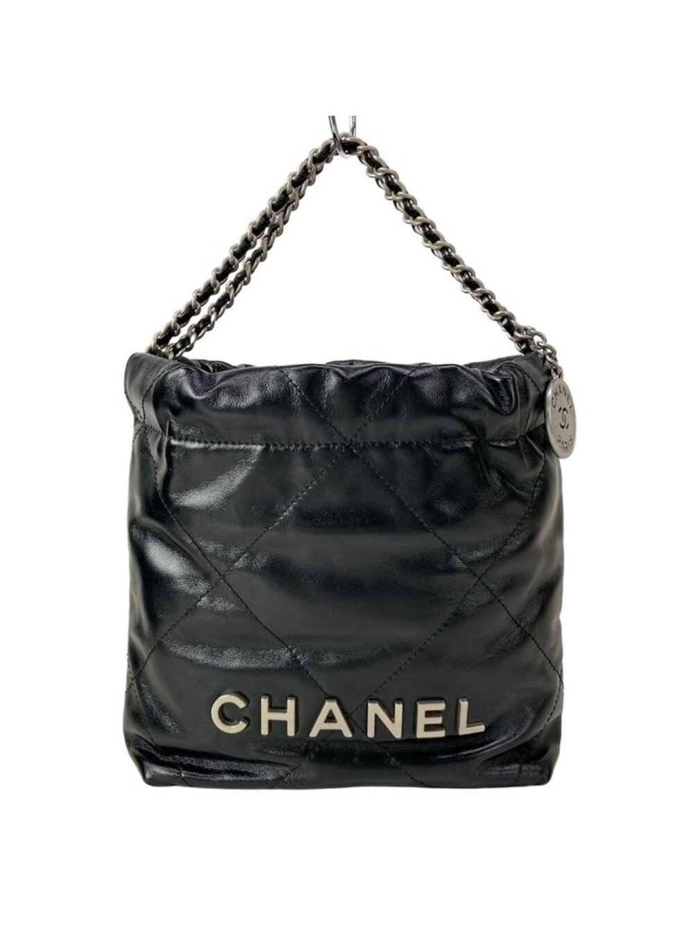 Chanel Handbag 22 Mini Black Chain Handle Vintage Silver Metal